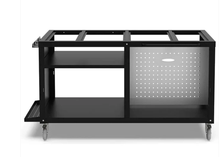 A black Alfa Ovens Cooking Station 160 Frame with a solid pattern, designed for outdoor cooking, featuring a wheeled base and modular structure.