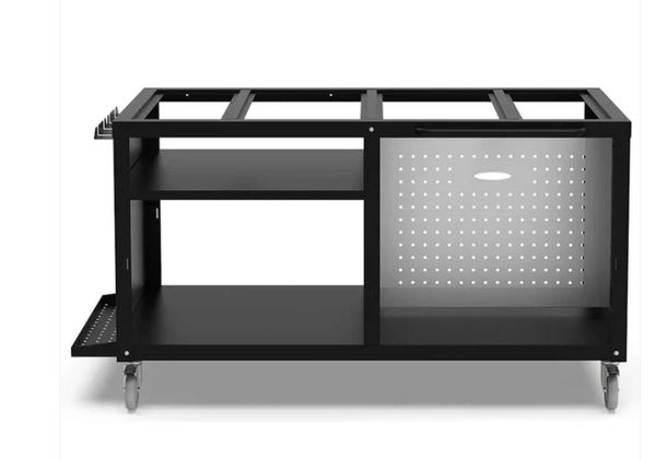 A black Alfa Ovens Cooking Station 160 Frame with a solid pattern, designed for outdoor cooking, featuring a wheeled base and modular structure.