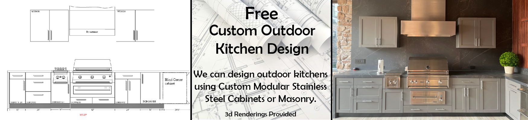 Blueprint and finished design of outdoor stainless steel kitchen