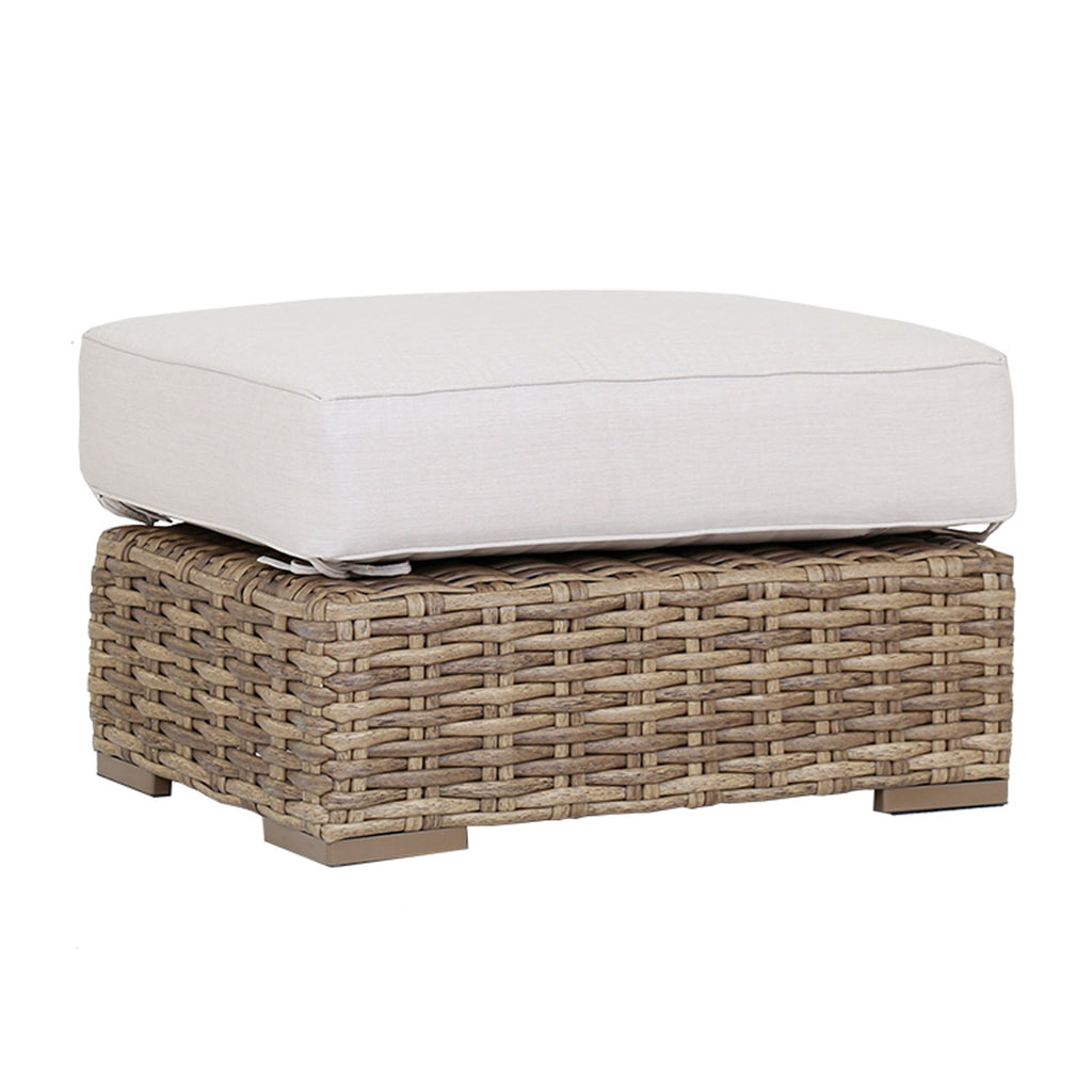 Sunset West Havana Tobacco Leaf Wicker Ottoman With Sunbrella Fabric Cushion In Canvas Flax - 1701-OTT