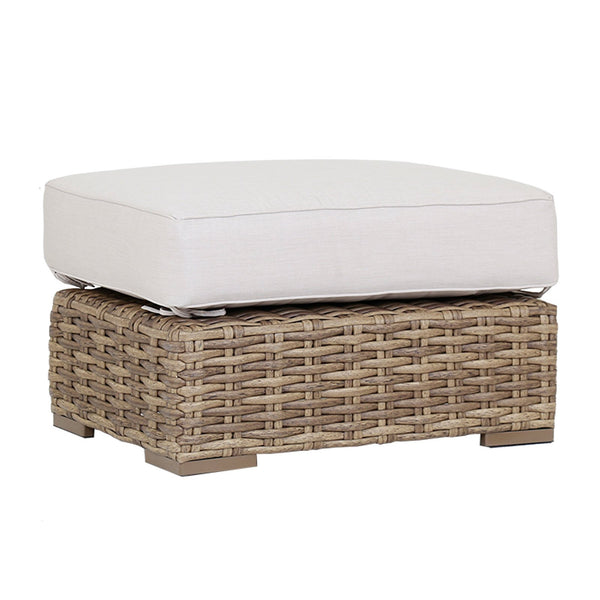 Sunset West Havana Tobacco Leaf Wicker Ottoman With Sunbrella Fabric Cushion In Canvas Flax - 1701-OTT