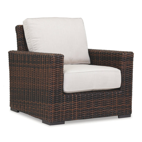 Sunset West Montecito Cognac Wicker Club Chair With Sunbrella Cushions In Canvas Flax - 2501-21