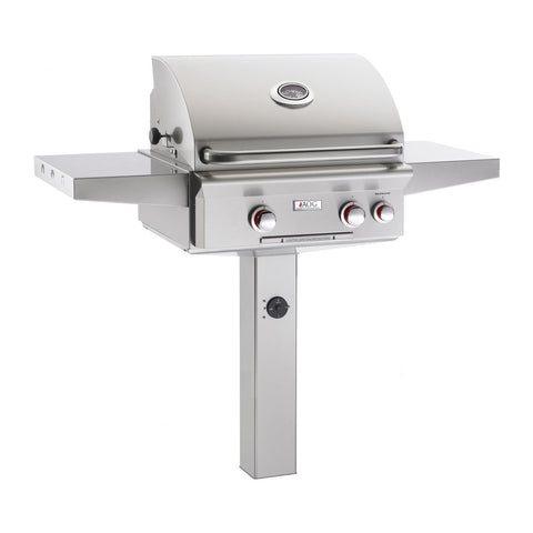 American Outdoor Grill Natural Gas 24-Inch T-Series 2-Burner Grill w/ Side Burner, Rotisserie Backburner and High Performance Rotisserie Kit on In-Ground Post - 24NGT