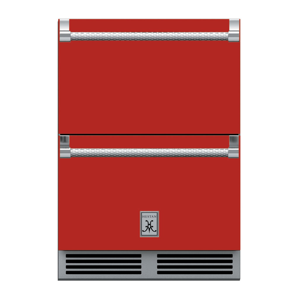 Hestan 24-Inch Outdoor Refrigerator Drawer (Upper) and Freezer Drawer (Lower) w/ Lock in Red - GRFR24-RD