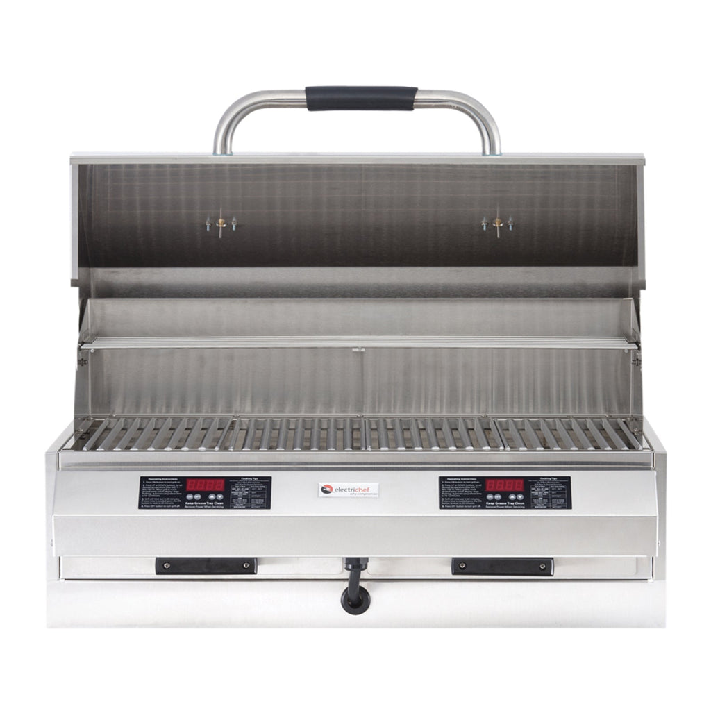 Outdoor Electric Grills 
•  448 sq. in. grilling area (14” x 32”)
•  18 gauge stainless steel 
    construction
•   Digital controls
•  Adjustable temperature settings 
   from 150-600 degrees
•  Automatic shut-off
•  Stay cool handles
•   Stainless steel cooking grids (4)
•  (2) -Easy clean removable drip 
     trays
•  Fully assembled
•  220V/30Amp
#electric grill for balcony #electric grill outdoor kitchen #electric grill
