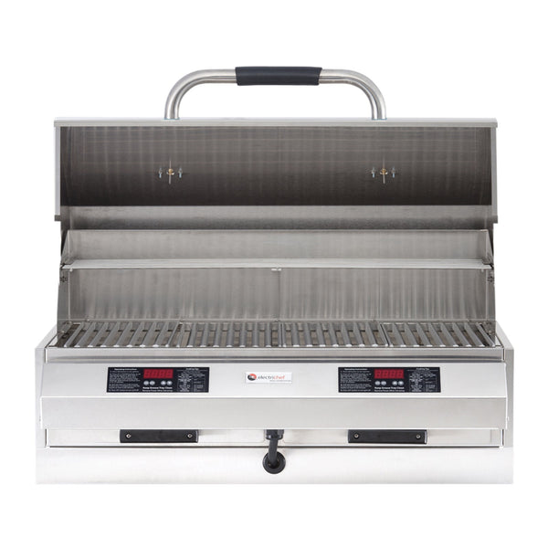 Outdoor Electric Grills 
•  448 sq. in. grilling area (14” x 32”)
•  18 gauge stainless steel 
    construction
•   Digital controls
•  Adjustable temperature settings 
   from 150-600 degrees
•  Automatic shut-off
•  Stay cool handles
•   Stainless steel cooking grids (4)
•  (2) -Easy clean removable drip 
     trays
•  Fully assembled
•  220V/30Amp
#electric grill for balcony #electric grill outdoor kitchen #electric grill