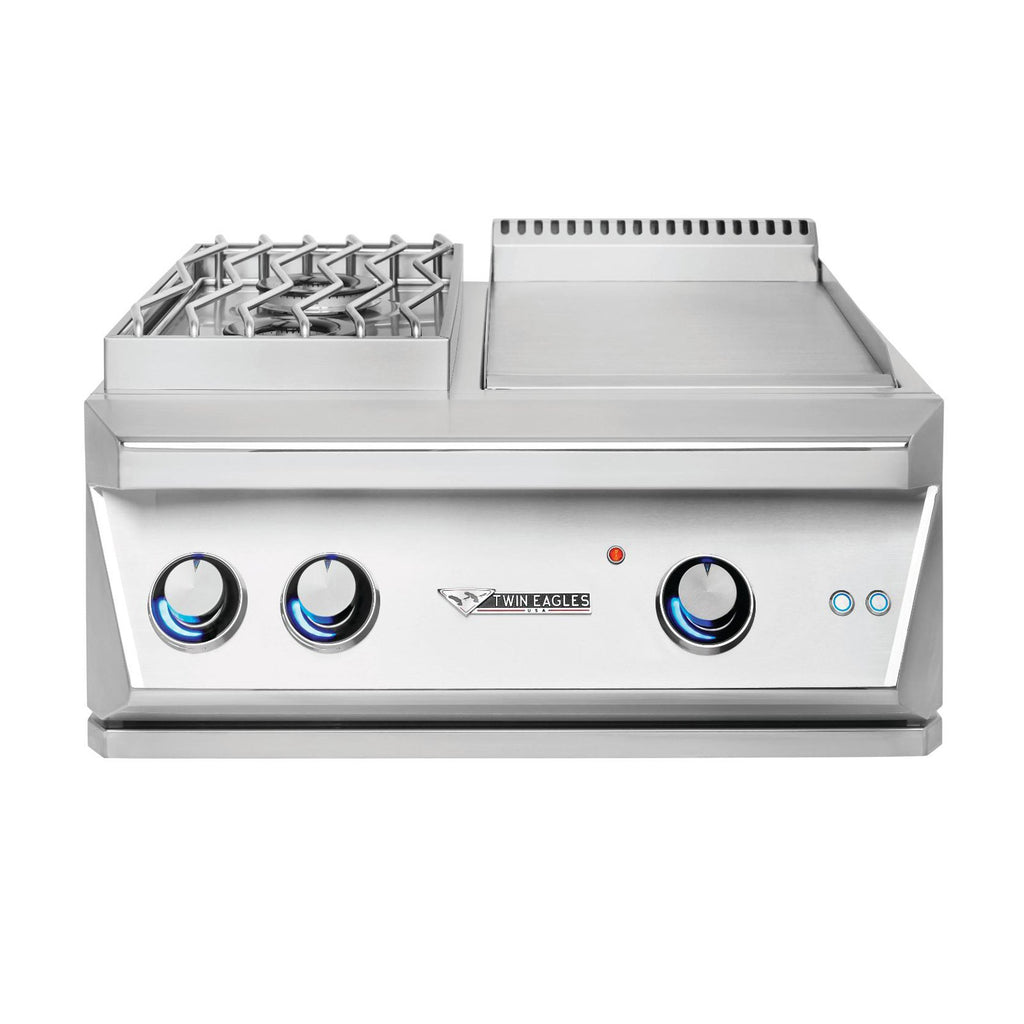 Twin Eagles Griddle has stainless steel, solid cooking griddle surface, Thermostat control with heat on indicator light · Electric hot surface ignition with safety gas valve .