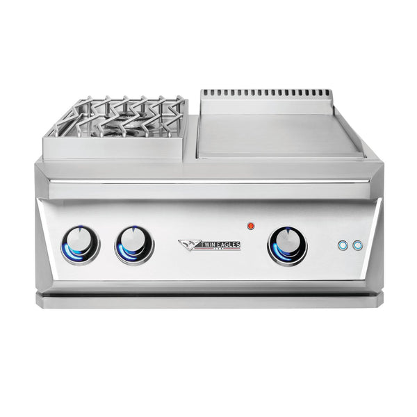 A stainless steel Twin Eagles built-in breakfast club double side burner with griddle, featuring two blue gas burners and a solid griddle surface.