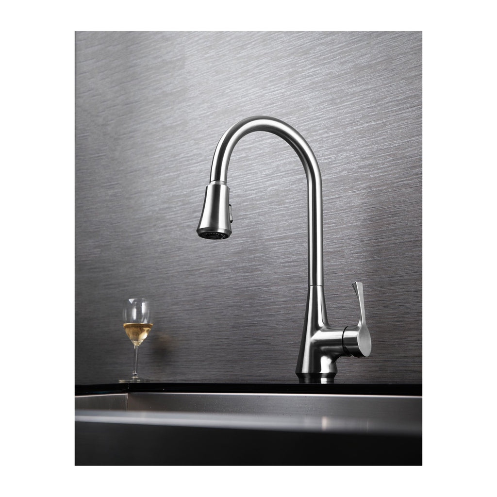 E2 Stainless Solid Stainless Steel Hot & Cold Water Gooseneck Faucet w/ Single Lever Water Control, Retractable Spray Head and Selectable Spray Patterns - XC0020/Modera