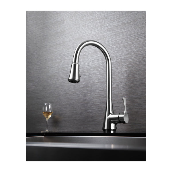 E2 Stainless Solid Stainless Steel Hot & Cold Water Gooseneck Faucet w/ Single Lever Water Control, Retractable Spray Head and Selectable Spray Patterns - XC0020/Modera