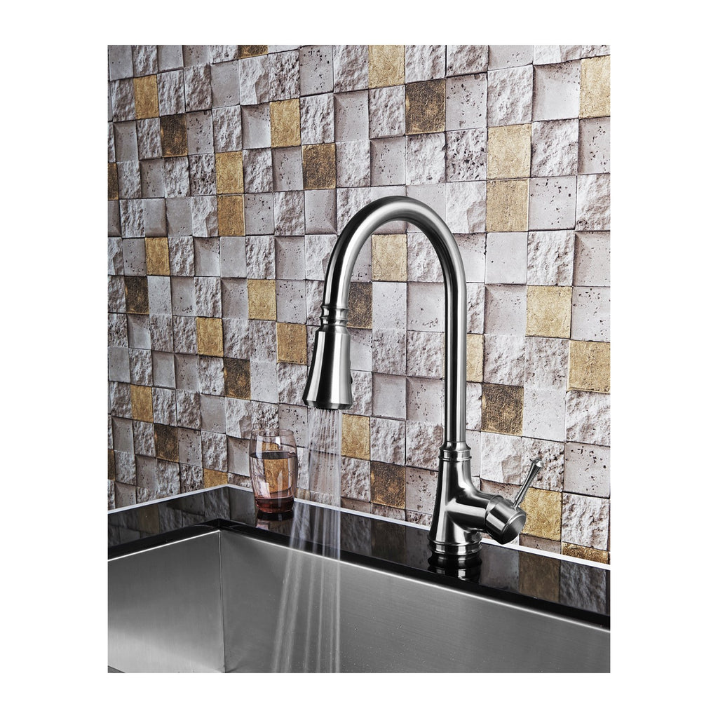 E2 Stainless Solid Stainless Steel Hot & Cold Water Gooseneck Faucet w/ Single Lever Water Control, Retractable Spray Head and Selectable Spray Patterns - XC0030/Cotati