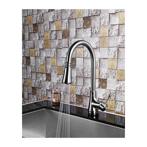 E2 Stainless Solid Stainless Steel Hot & Cold Water Gooseneck Faucet w/ Single Lever Water Control, Retractable Spray Head and Selectable Spray Patterns - XC0030/Cotati