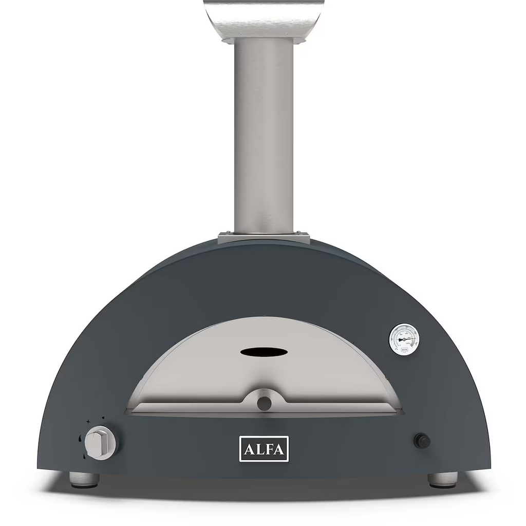 Alfa Moderno 2 Pizze Propane Pizza Oven in anthracite grey with a visible brand logo, temperature gauge, and pizza slots.