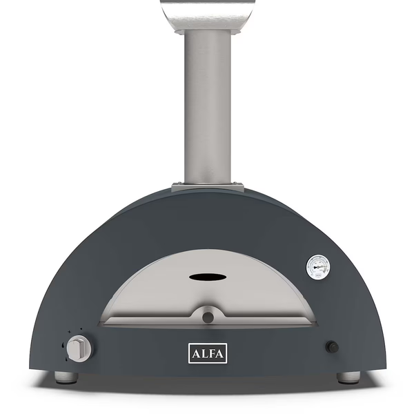 Alfa Moderno 2 Pizze Propane Pizza Oven in anthracite grey with a visible brand logo, temperature gauge, and pizza slots.