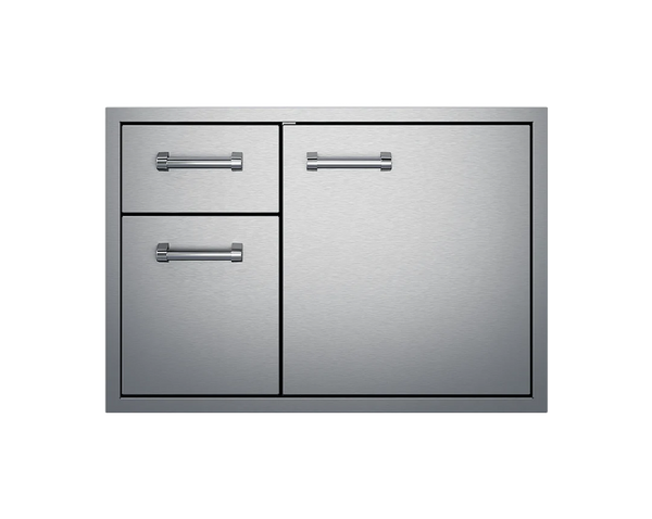 The left side features two (2) extra deep drawers for oversized utensils and heavy-duty full extension drawer glides. This door and drawer combo unit is the perfect compliment to your built-in grill.
