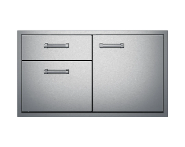 The left side features two (2) extra deep drawers for oversized utensils and heavy-duty full extension drawer glides. This door and drawer combo unit is the perfect compliment to your built-in grill.