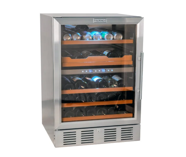 The Fire Magic Dual Zone Wine and Beverage Cooler (24-WREF-GDL) brings organized cold storage to a premium outdoor kitchen with two independently controlled temperature zones.