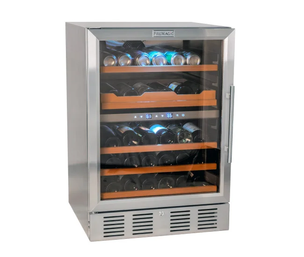 The Fire Magic Dual Zone Wine and Beverage Cooler (24-WREF-GDL) brings organized cold storage to a premium outdoor kitchen with two independently controlled temperature zones.