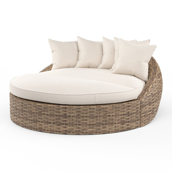 Sunset West Havana Tobacco Leaf Wicker Round Daybed With Sunbrella Fabric Cushions In Canvas Flax - 1701-99/OTT