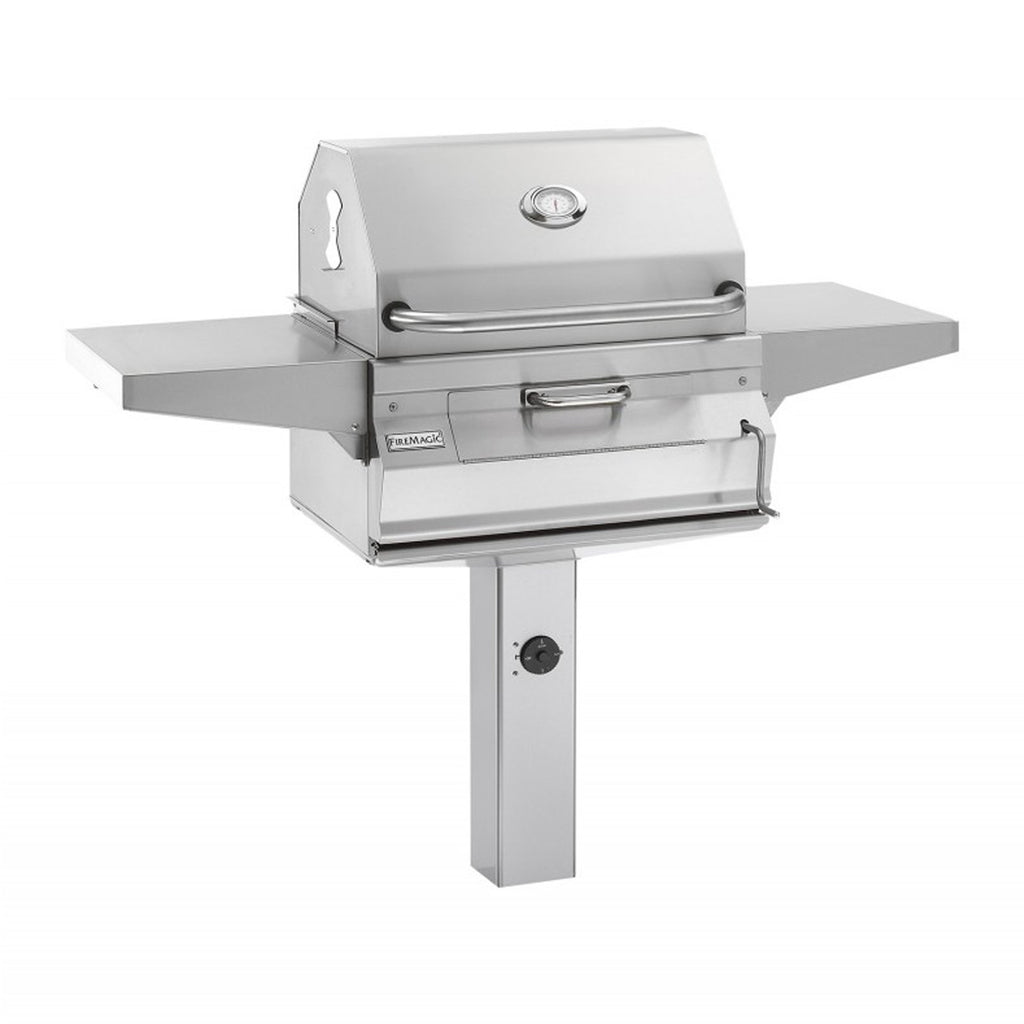 Fire Magic Legacy 24-Inch Charcoal In-Ground Post Mounted Grill w/ Smoker Hood and Analog Thermometer - 22-SC01C-G6