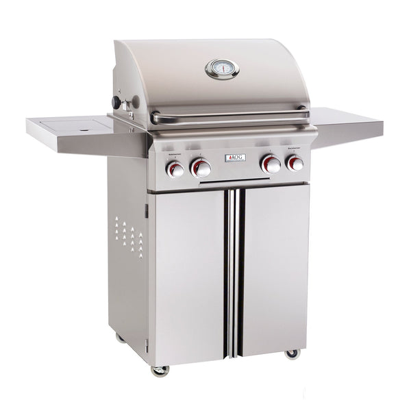 A 24-inch American Outdoor Grill propane gas grill with a silver finish, featuring a rotisserie backburner and side burner.
