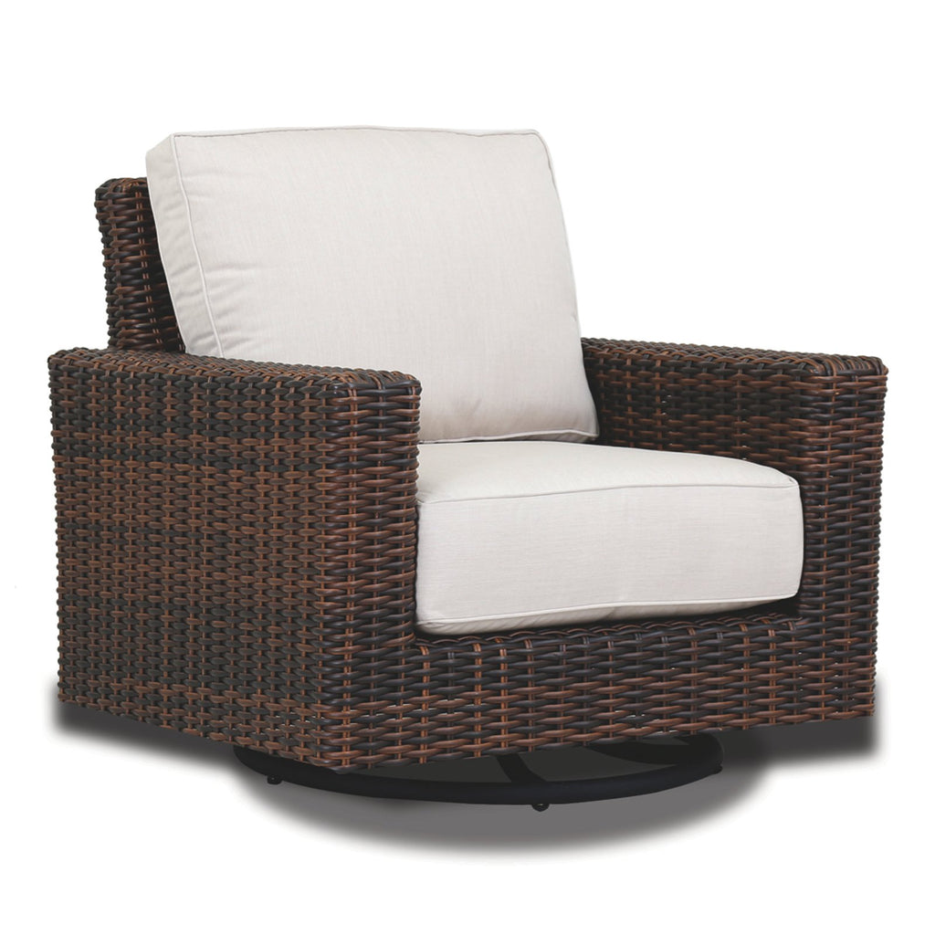 Sunset West Montecito Cognac Wicker Swivel Rocker Club Chair With Sunbrella Cushions In Canvas Flax - 2501-21SR