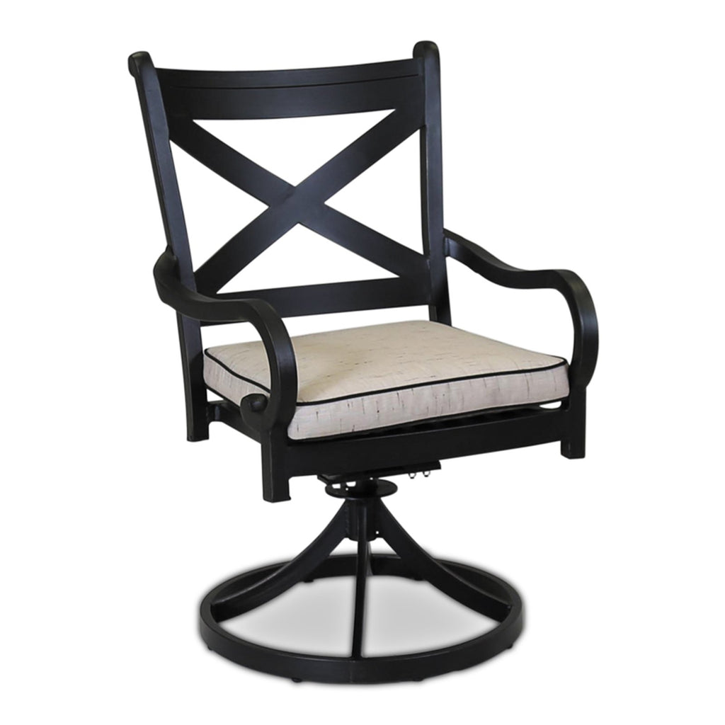 Sunset West Monterey Swivel Dining Chair With Old World Copper Rub Frame And Sunbrella Fabric Cushions In Frequency Sand With Contrasting Walnut Welt Stitching - 3001-11