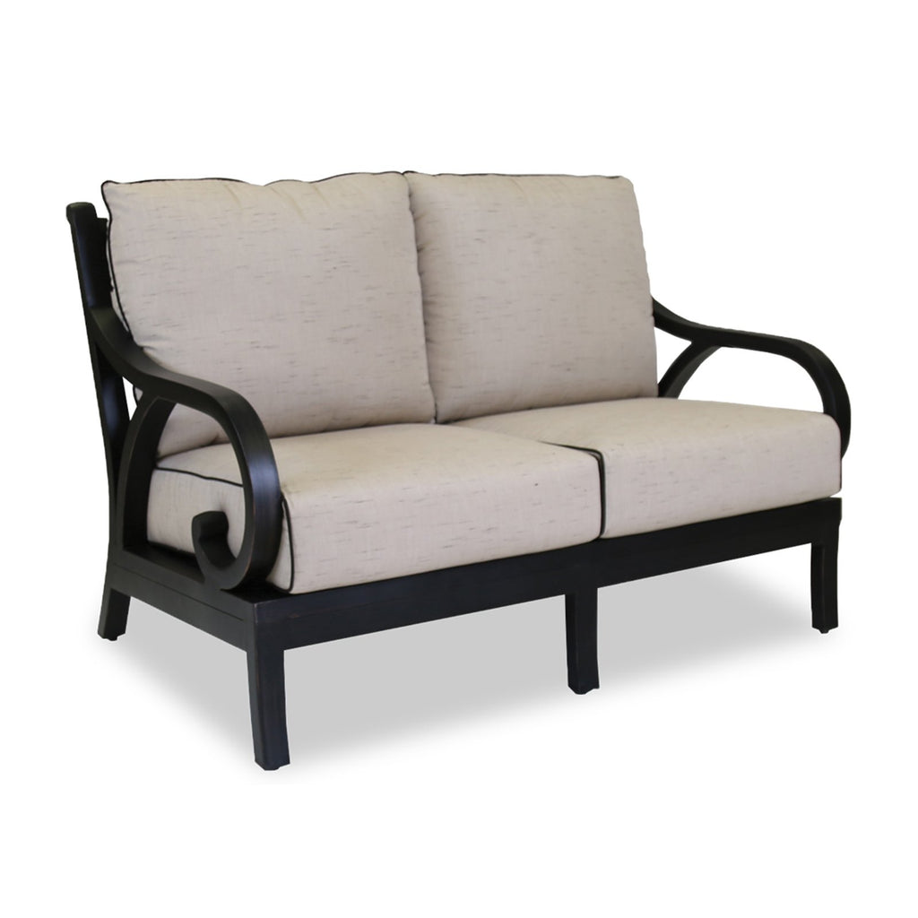 Sunset West Monterey Loveseat With Old World Copper Rub Frame And Sunbrella Fabric Cushions In Frequency Sand With Contrasting Walnut Welt Stitching - 3001-22