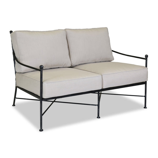 Sunset West Provence Loveseat With Century Pewter Hand Brushed Frame and Sunbrella Cushions In Canvas Flax - 3201-22