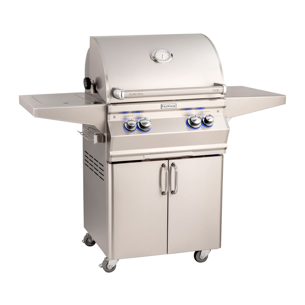 Fire Magic Aurora A430s 24-Inch Natural Gas Freestanding Grill w/ Flush Mounted Single Side Burner, 1 Sear Burner, Backburner, Rotisserie Kit and Analog Thermometer - A430S-8LAN-62