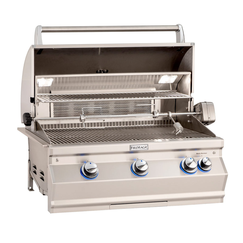 Fire Magic Aurora A540i 30-Inch Natural Gas Built-In Grill w/ 1 Sear Burner, Backburner, Rotisserie Kit and Analog Thermometer - A540I-8LAN