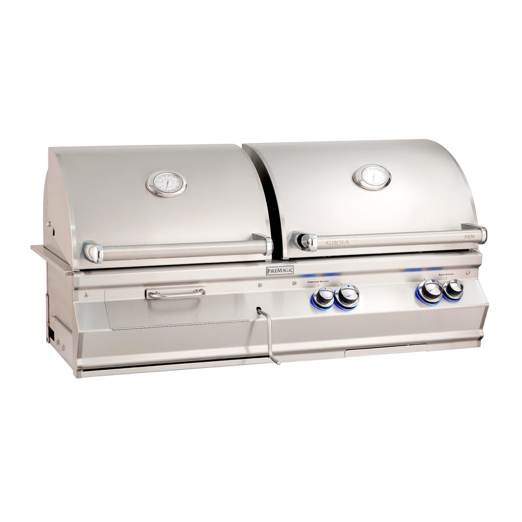 Fire Magic Aurora A830s 46-Inch Propane Gas and Charcoal Built-In Dual Grill w/ 1 Sear Burner, Backburner, Rotisserie Kit and Analog Thermometer - A830I-8LAP-CB
