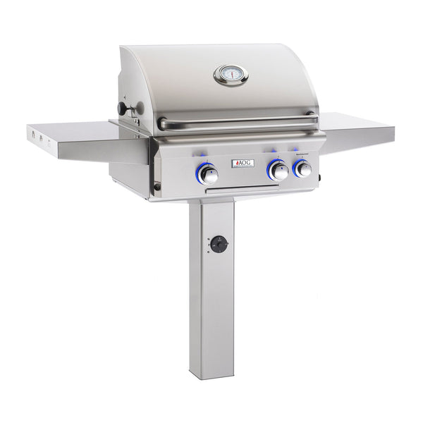 American Outdoor Grill Natural Gas 24-Inch L-Series 2-Burner Grill w/ Side Burner, Rotisserie Backburner and High Performance Rotisserie Kit on In-Ground Post - 24NGL