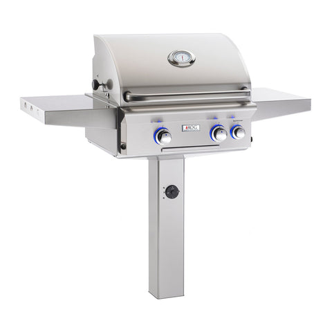 American Outdoor Grill Propane Gas 24-Inch L-Series 2-Burner Grill w/ Side Burner, Rotisserie Backburner and High Performance Rotisserie Kit on In-Ground Post - 24PGL