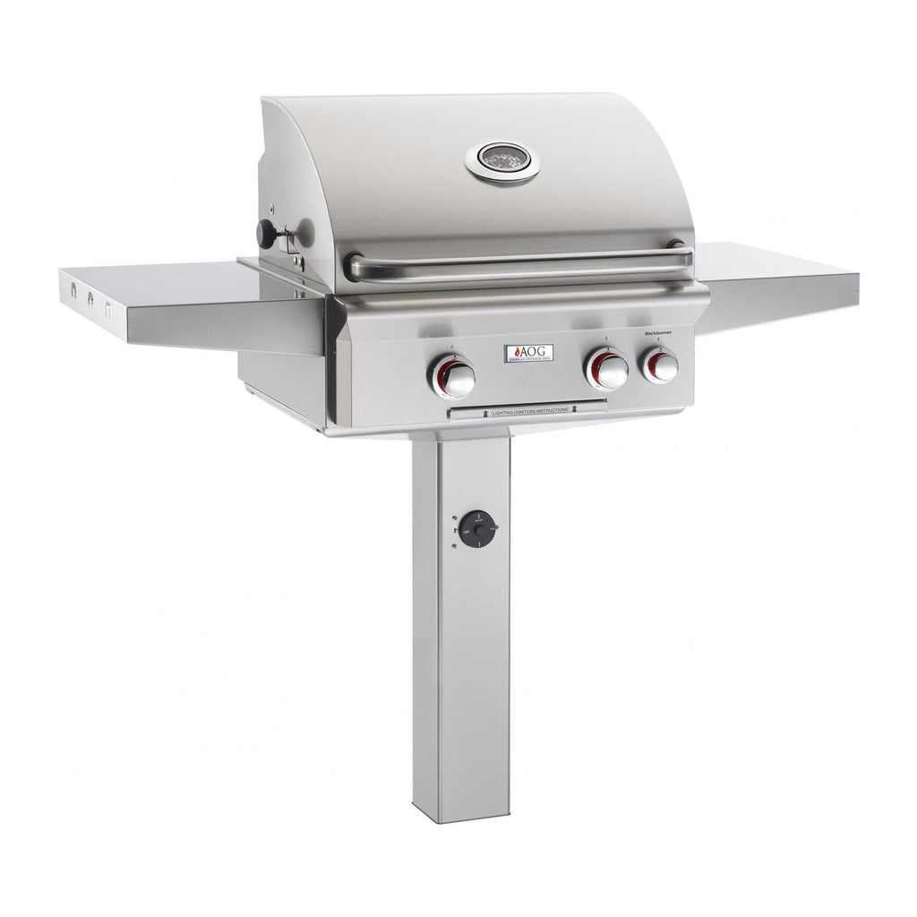 American Outdoor Grill Propane Gas 24-Inch T-Series 2-Burner Grill w/Rotisserie Backburner and High Performance Rotisserie Kit on In-Ground Post - 24PGT
