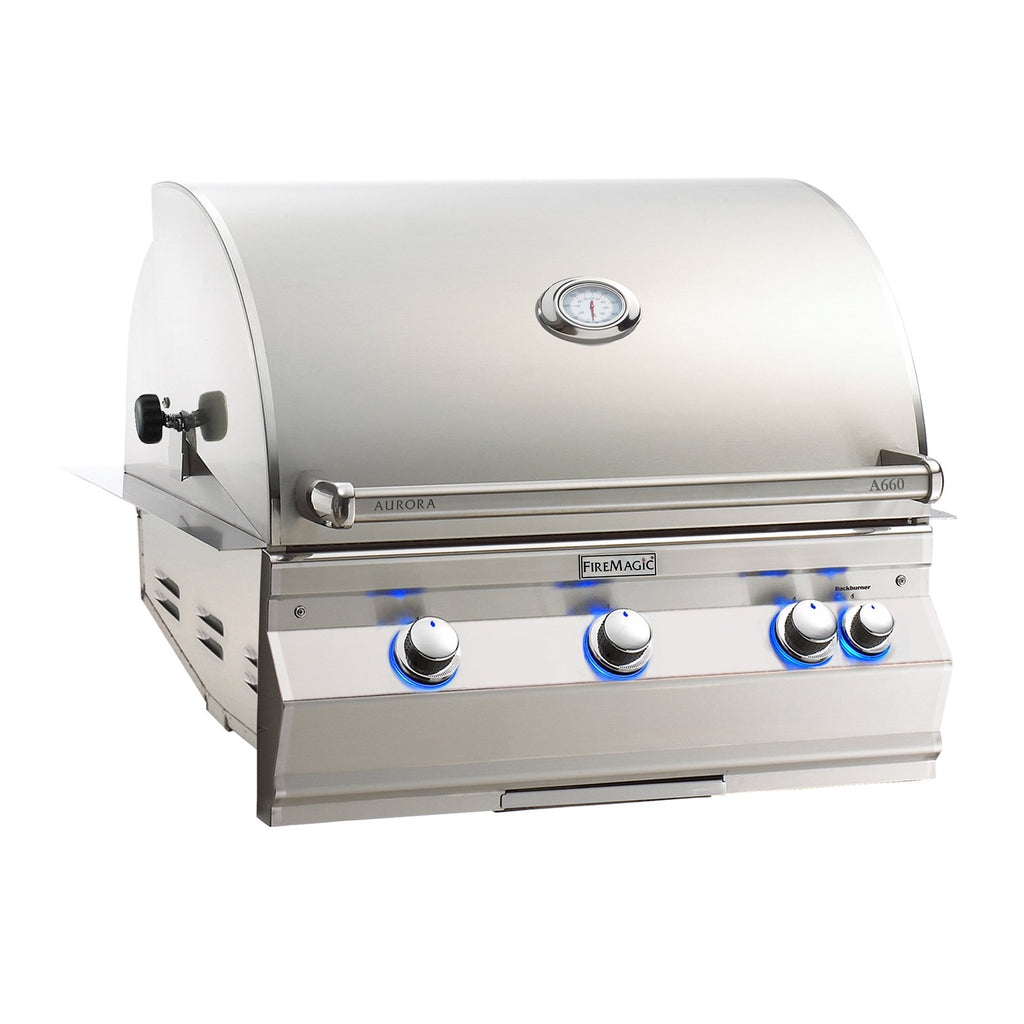 Fire Magic Aurora A660i built-in gas grill in stainless steel with optional backburner, featuring Diamond Sear cooking grids, cast stainless steel burners, and a double-wall 304 stainless steel hood for premium outdoor cooking.