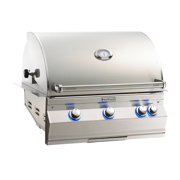 Fire Magic Aurora A660i built-in gas grill in stainless steel with optional backburner, featuring Diamond Sear cooking grids, cast stainless steel burners, and a double-wall 304 stainless steel hood for premium outdoor cooking.