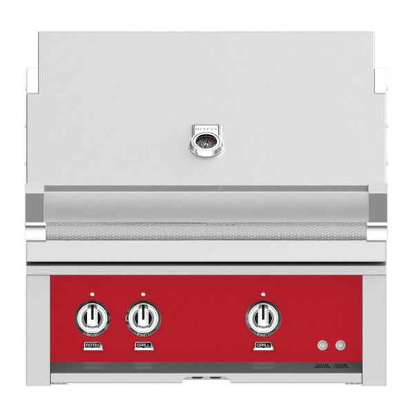 Hestan 30-Inch Propane Gas Built-In Grill, 1 Sear - 1 Trellis w/Rotisserie in Red - GMBR30-LP-RD