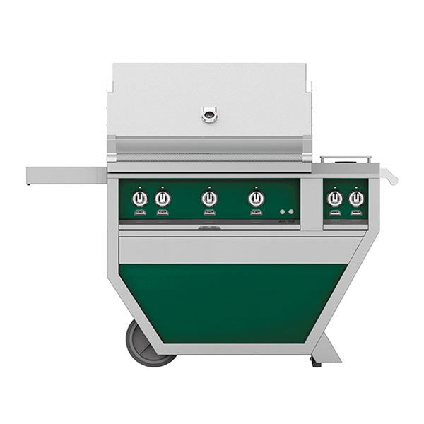 Hestan 36-Inch Propane Gas Freestanding Deluxe Grill with Double Side Burner, 1 Sear - 2 Trellis w/ Rotisserie in Green - GMBR36CX2-LP-GR