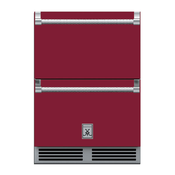 Hestan 24-Inch Outdoor Refrigerator Drawer (Upper) and Freezer Drawer (Lower) w/ Lock in Burgundy - GRFR24-BG