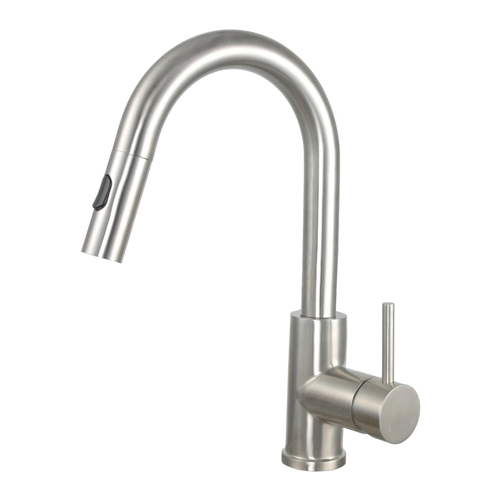 E2 Stainless Solid Stainless Steel Hot & Cold Water Gooseneck Faucet w/ Single Lever Water Control, Pull Out Sprayer and Selectable Spray Patterns - KPS3033C/Clarkson
