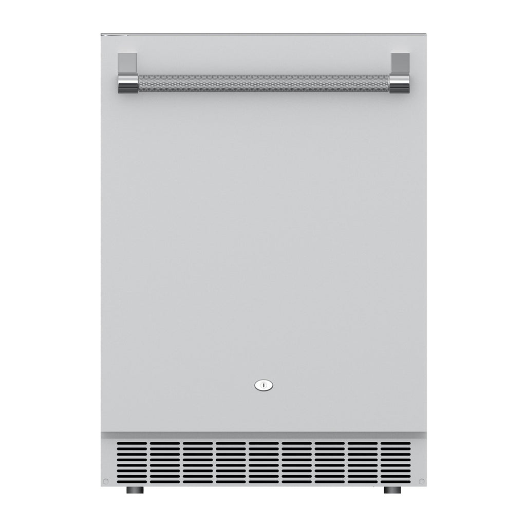 The refrigerator offers three heavy-duty shelves and a temperature range from 36° to 64° F. The door has a lock to secure all goods inside.