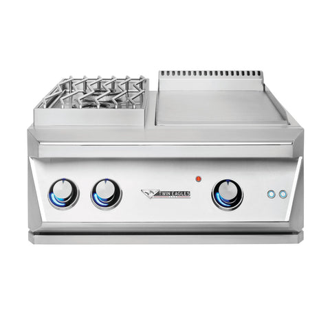 A stainless steel Twin Eagles built-in breakfast club double side burner with griddle, featuring two blue gas burners and a solid griddle surface.